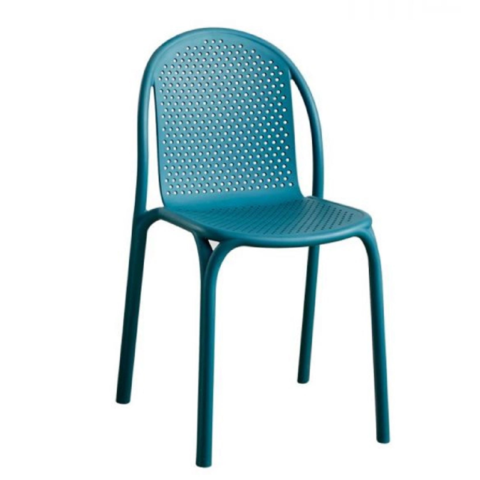 Teal chair with a perforated design on a white background