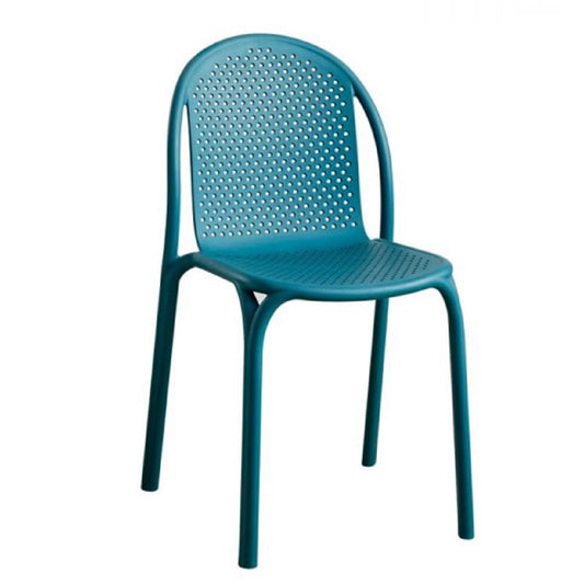 Teal chair with a perforated design on a white background