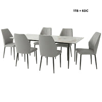 Dining set with a marble table and six gray chairs on a white background