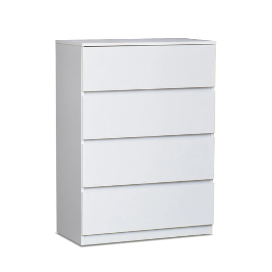 White dresser with four drawers on a white background