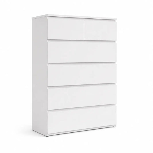 A white five-drawer chest of drawers with two smaller top drawers and three larger bottom drawers, shown on a clean white background.