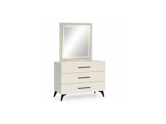 A modern three-drawer dresser in off-white with black legs and handles, featuring an attached square mirror with a warm gold LED light border, shown on a plain white background.