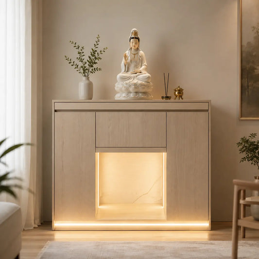 A light wood console cabinet with a built-in illuminated shelf and LED under-light, styled in a minimalist room with a white Buddha statue, small plants, and incense holders on top.