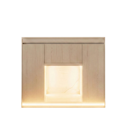 Square recessed light fixture with wooden frame on a white background