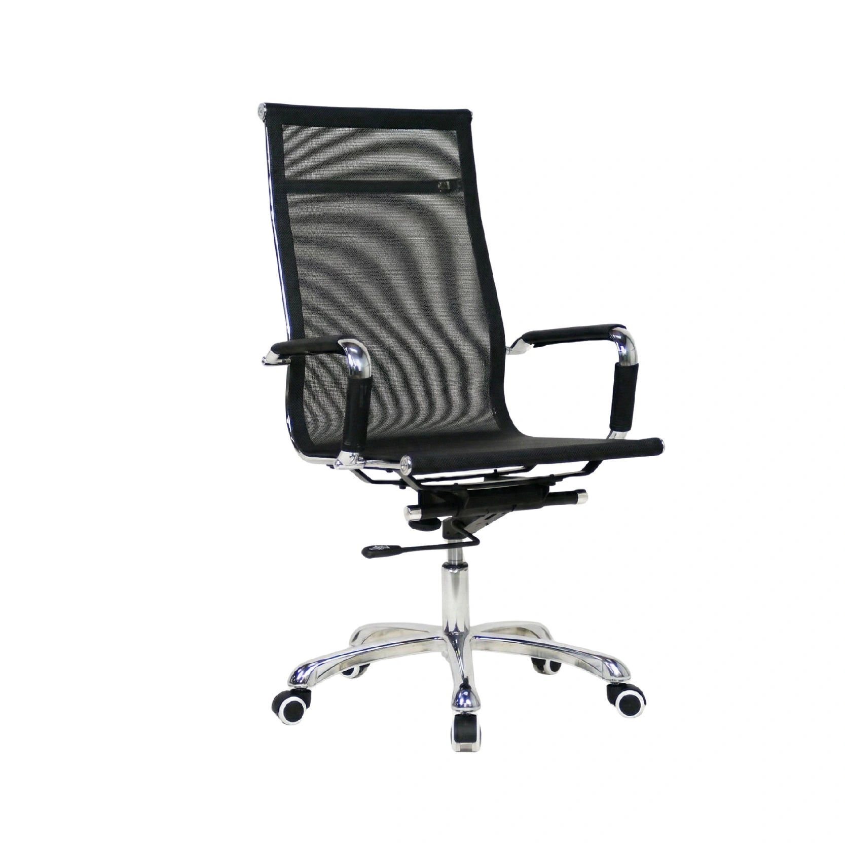 Black office chair with mesh back on a white background
