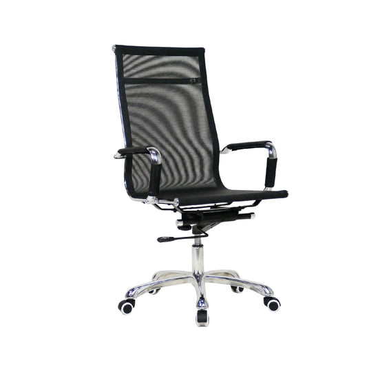 Black office chair with mesh back on a white background