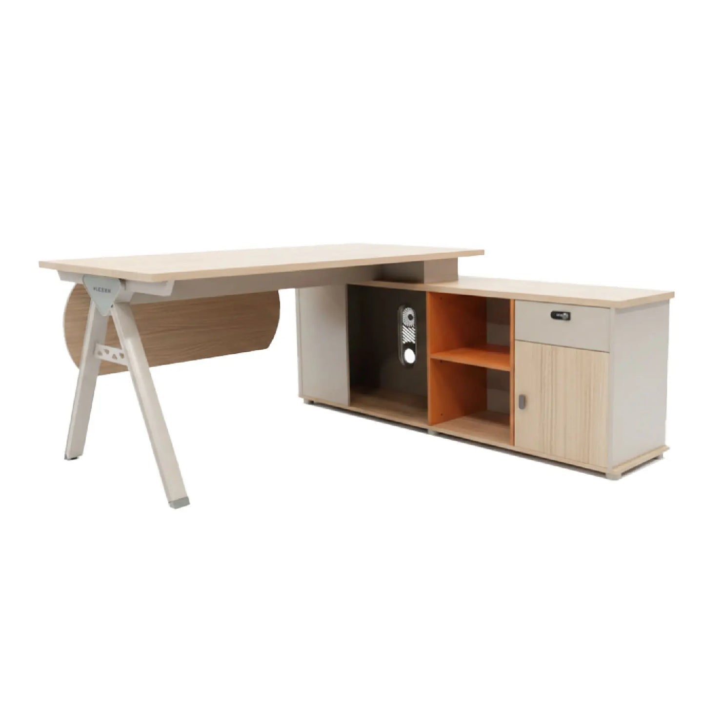 Modern L-shaped desk with storage compartments on a white background