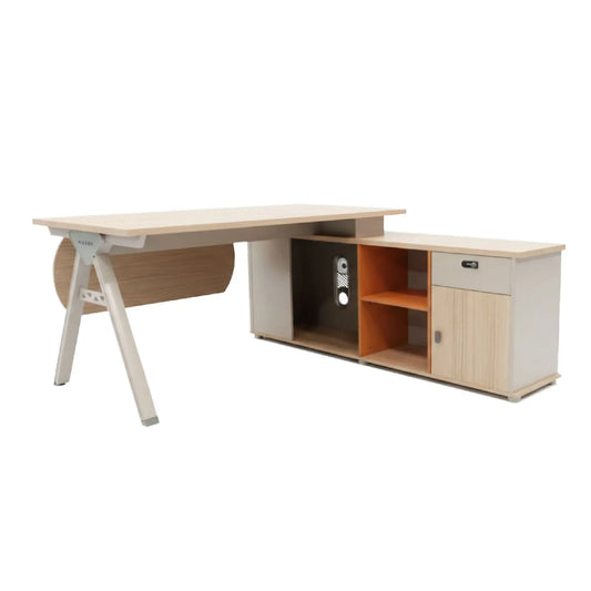 Modern L-shaped desk with storage compartments on a white background