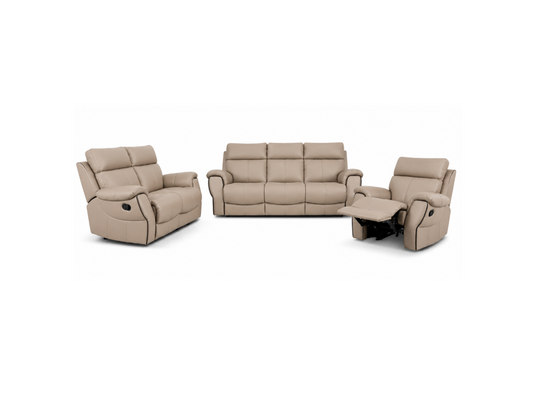 A three-piece power reclining living room furniture set in light taupe leather, including a loveseat, a three-seat sofa, and a matching recliner with the footrest extended, shown on a solid white background.