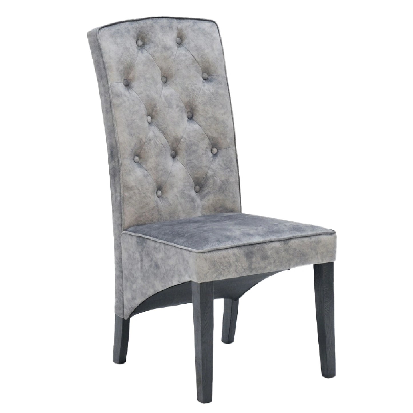 Gray upholstered chair with tufted backrest on a white background