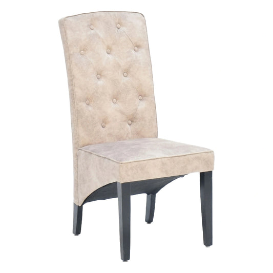 Beige upholstered chair with buttoned backrest on a white background