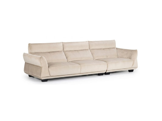 A modern three-seater sofa upholstered in a light beige textured fabric, shown from a three-quarter angle against a plain white background.