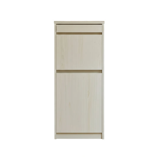 Light wood bookshelf with two doors on a white background