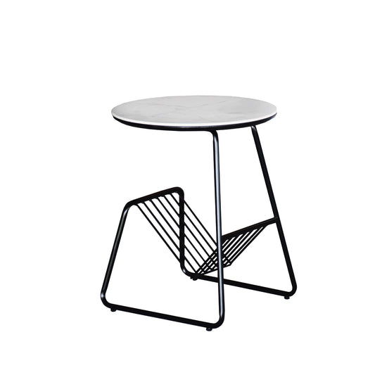 Small round table with a white top and black metal frame on a white background
