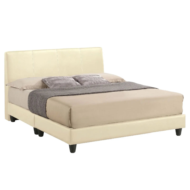 Beige upholstered bed with gray bedding on a white background