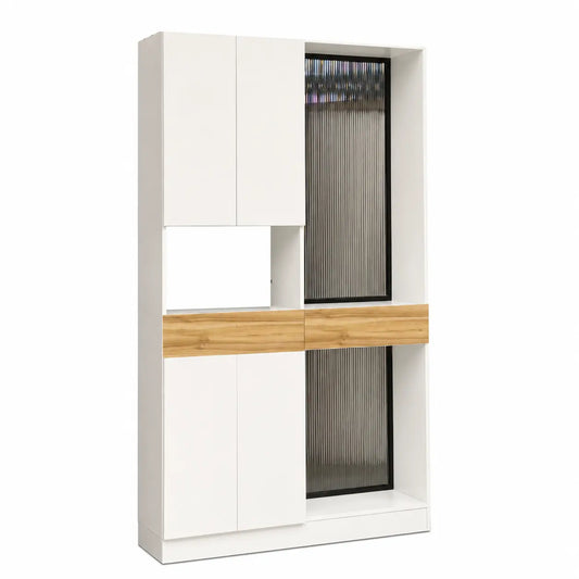 A modern tall storage cabinet with white doors, a natural wood horizontal accent, and two vertical glass-front compartments with black frames, shown on a plain white background.
