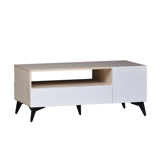 White and beige TV stand with black legs on a white background