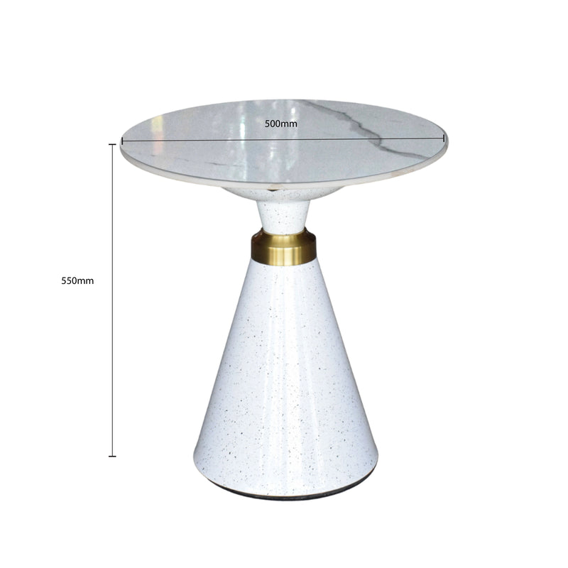 White marble table with gold base and measurements on a white background