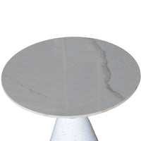 Round marble table with a white and gray marbled pattern on a white background