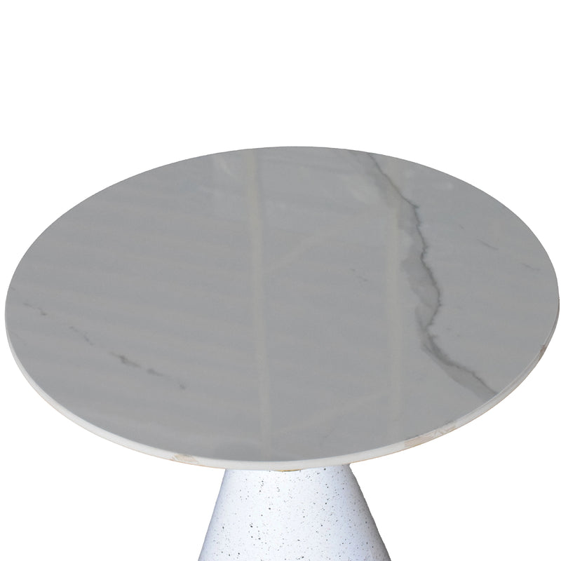 Round marble table with a white and gray marbled pattern on a white background