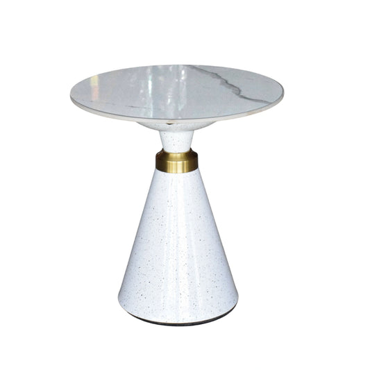 Modern side table with marble top and white base on a white background