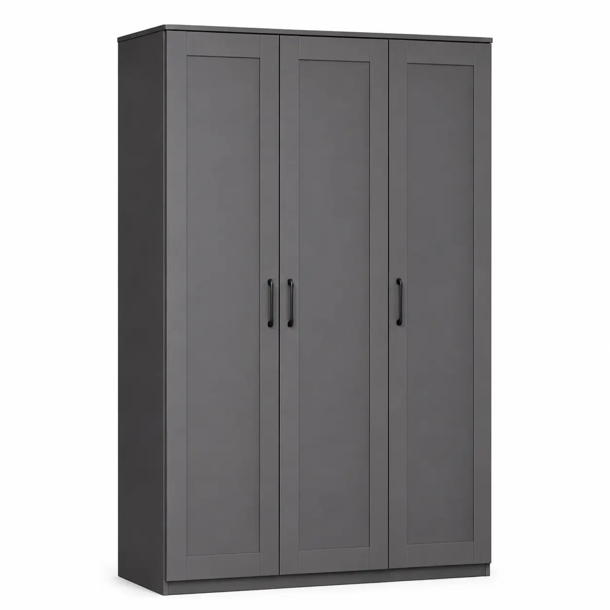 A three-door storage cabinet in dark gray with black vertical handles, shown on a plain white background.