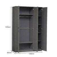 Gray metal cabinet with open doors and dimensions labeled on a white background