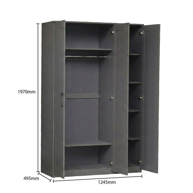 Gray metal cabinet with open doors and dimensions labeled on a white background