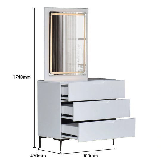 White dresser with mirror and dimensions labeled on a white background
