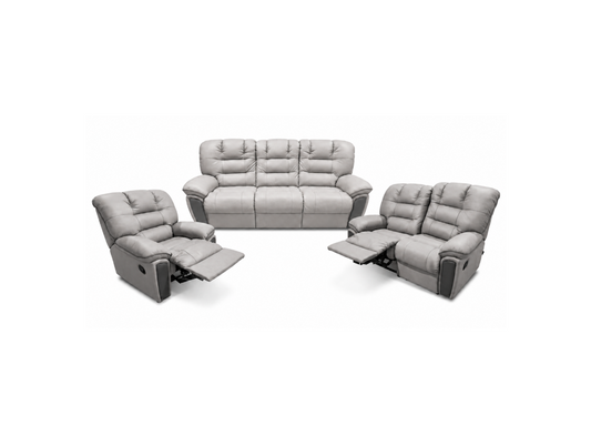 A light gray upholstered reclining seating set on a white background, including a three-seat sofa in the center and two matching recliners flanking it, one with the footrest extended.