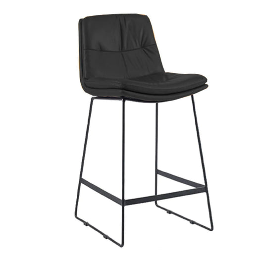 Black bar stool with cushioned seat on a white background