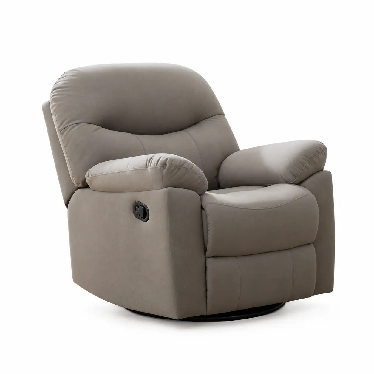 A taupe gray upholstered recliner chair with a swivel base, shown at a three-quarter angle on a solid white background.