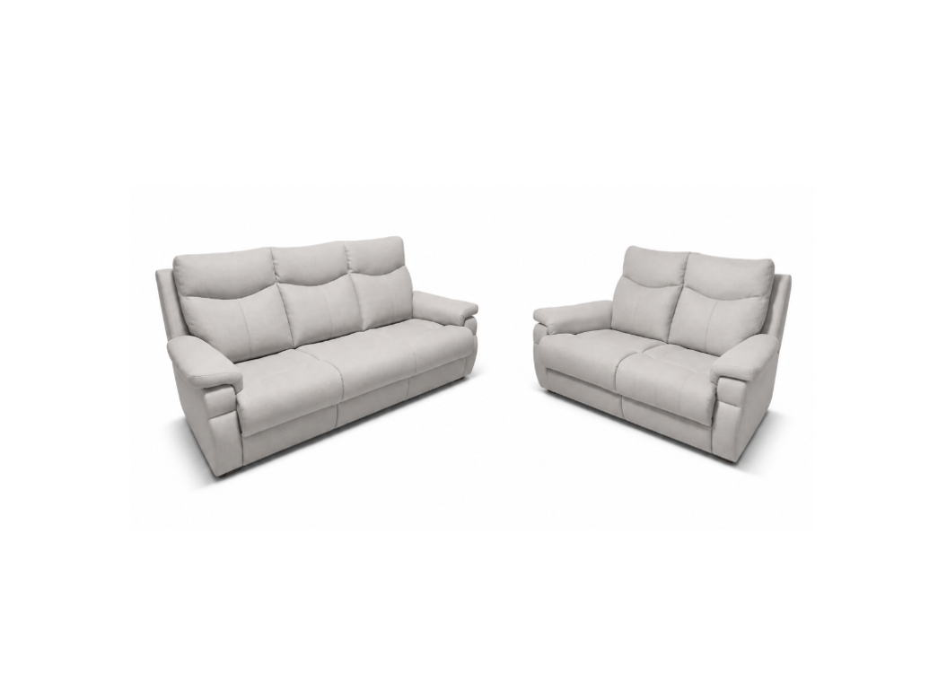 A light gray upholstered three-seat sofa and a matching two-seat loveseat shown on a plain white background.