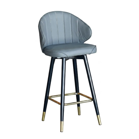 Gray bar stool with black legs and gold footrest on a white background