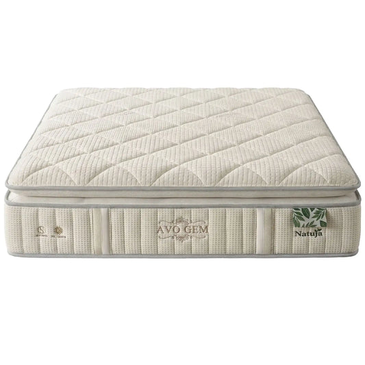 Beige mattress with 'Avo Gem' and 'Natura' branding on a white background