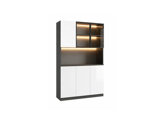 A modern tall storage cabinet with white high-gloss doors, dark gray side panels and base, and warm under-cabinet lighting, shown on a plain white background.