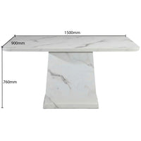 Marble-patterned table with dimensions labeled on a white background