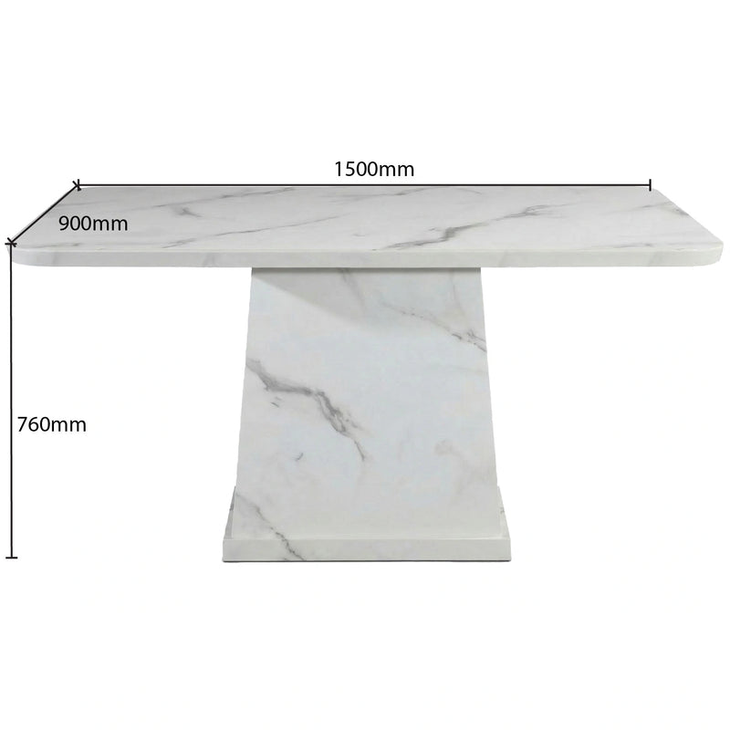 Marble-patterned table with dimensions labeled on a white background