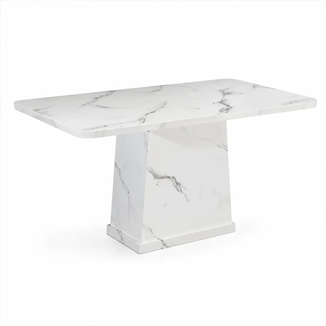 A modern rectangular dining table with a white marble-look top and pedestal base, featuring subtle gray veining, shown on a plain white background.