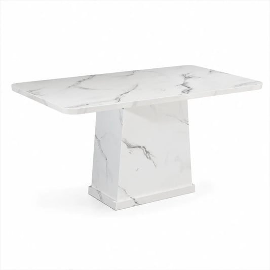 A modern rectangular dining table with a white marble-look top and pedestal base, featuring subtle gray veining, shown on a plain white background.