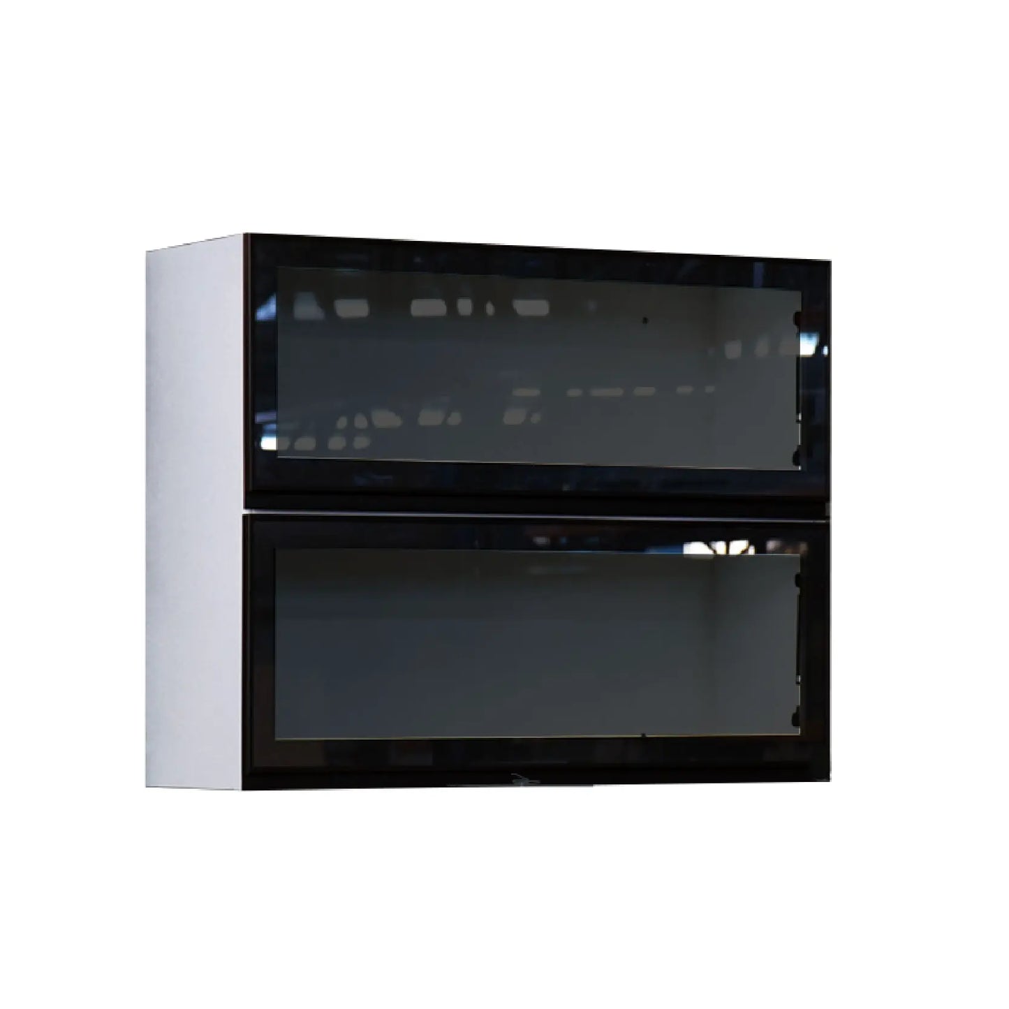 Black wall-mounted cabinet with glass doors on a white background