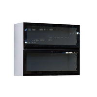 Black wall-mounted cabinet with glass doors on a white background