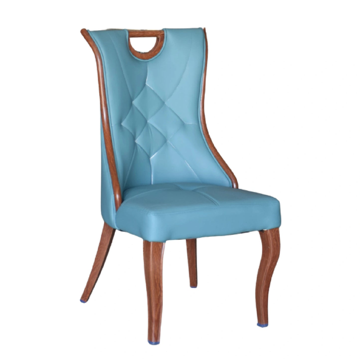 Chair with blue cushioned backrest and wooden frame on a white background