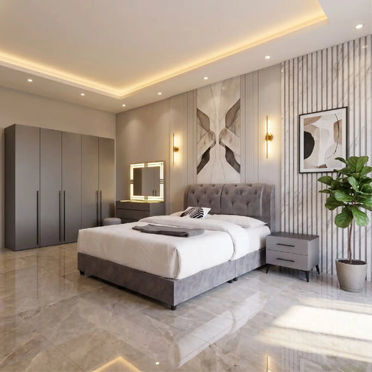 Modern bedroom with gray bed, wardrobe, and decorative elements.