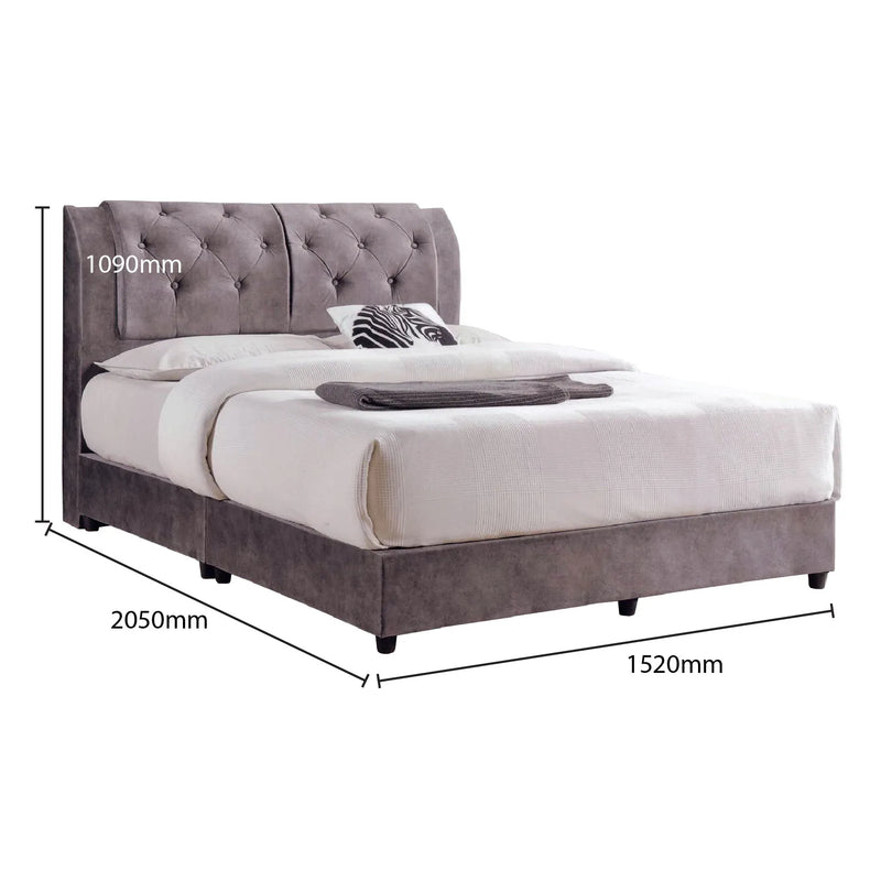 Gray upholstered bed with dimensions labeled on a white background