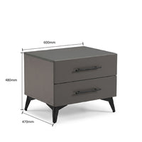 Gray two-drawer nightstand with dimensions labeled on a white background