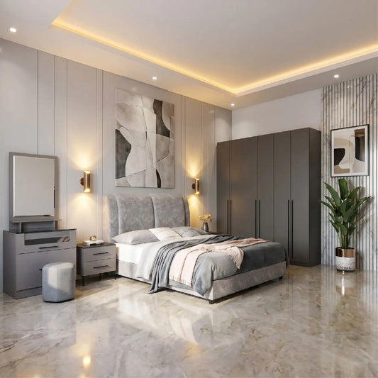 Modern bedroom with gray bed, wardrobe, and decor elements.