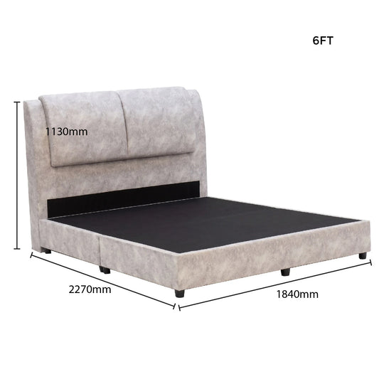 Gray upholstered bed with dimensions labeled on a white background