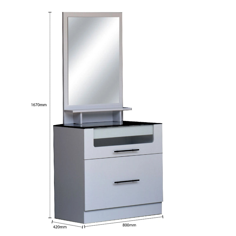 White cabinet with mirror and dimensions on a white background