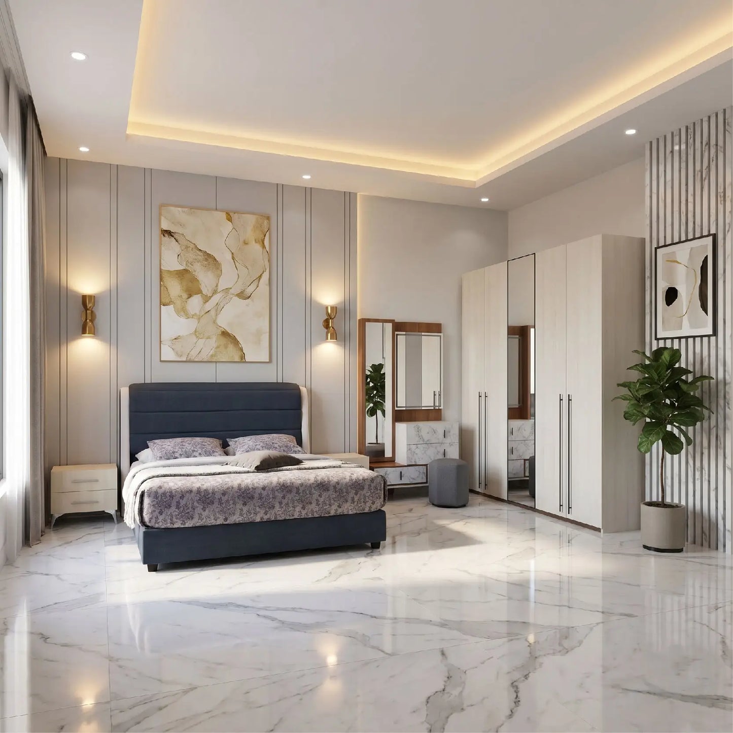 Modern bedroom with a bed, wardrobe, and decorative elements.